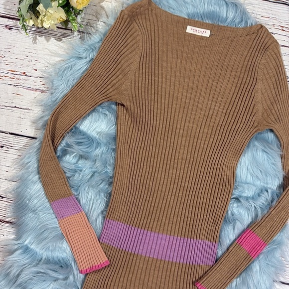 Demylee New York Wool Ribbed Camel Colorblock Tunic Sweater - Picture 4 of 9